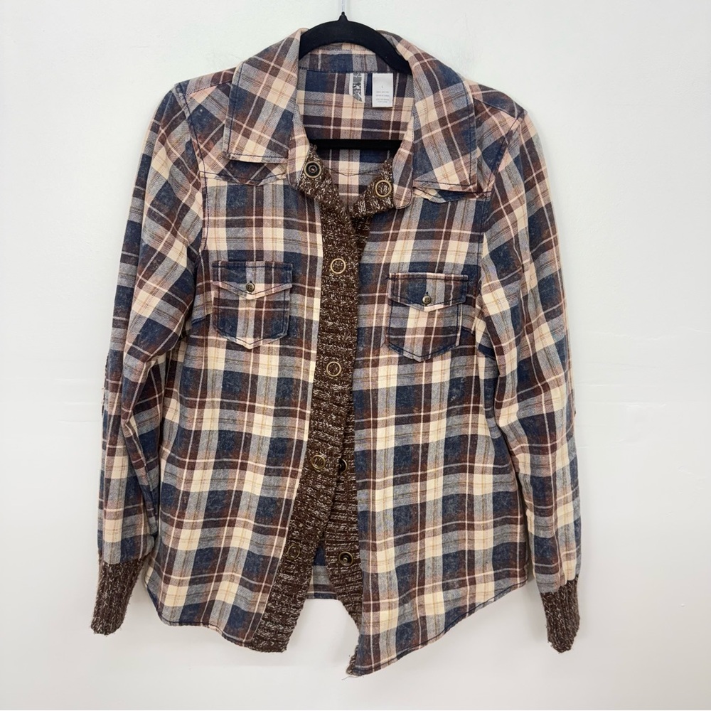 BKE by Buckle Plaid Button-Up Shirt Jacket with Knit Trim H24